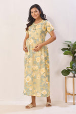 Soft Rayon Abstract Floral Feeding Frock – Sage Green Maternity Wear with Invisible Zipper - Maternity & Nursing Maxi Frock with Side Pockets (RMF)