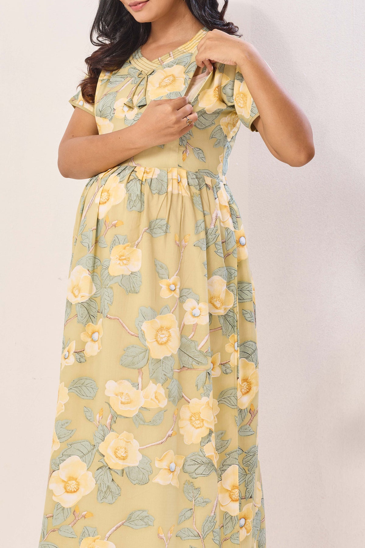 Soft Rayon Abstract Floral Feeding Frock – Sage Green Maternity Wear with Invisible Zipper - Maternity & Nursing Maxi Frock with Side Pockets (RMF)