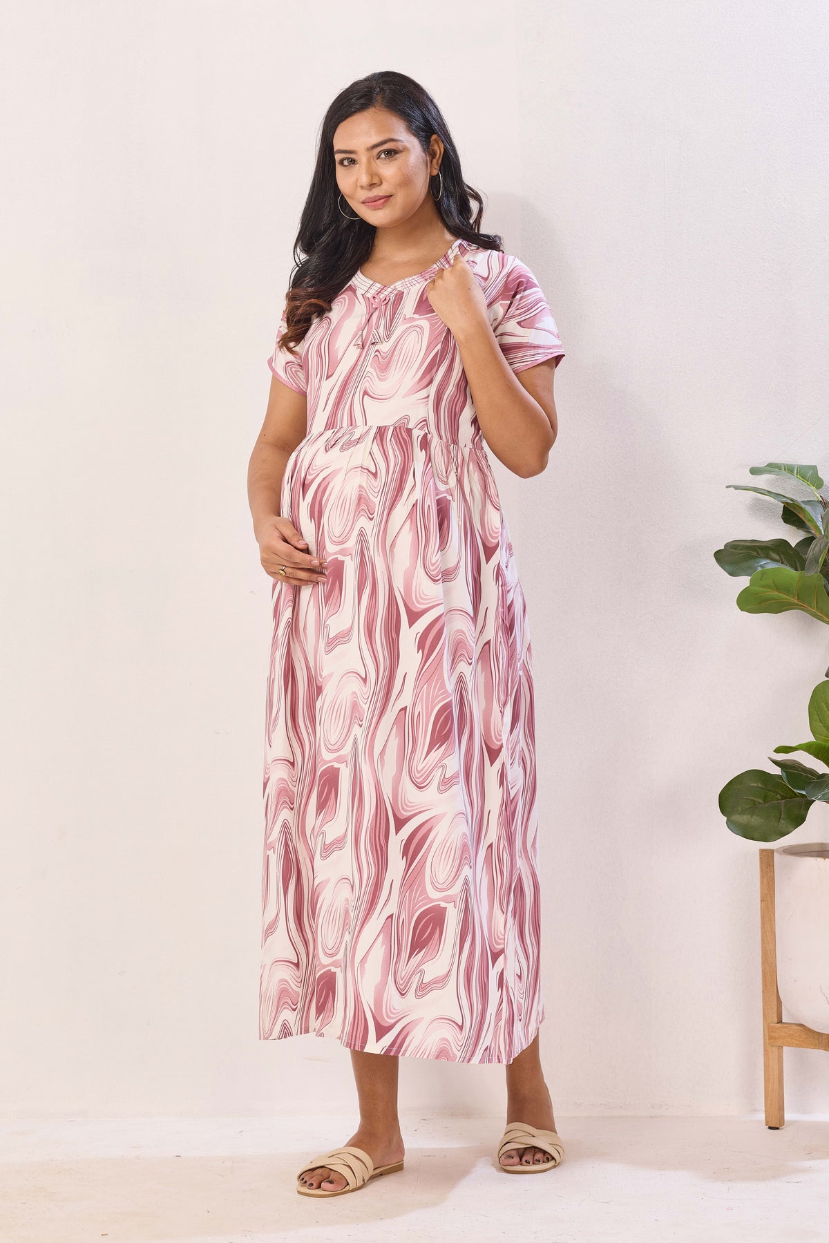 Rose Marble Premium Rayon Maternity Frock with Dual Feeding Zippers - Rayon Nursing Maxi Dress – Pink Abstract Swirl Pregnancy Wear with Adjustable Back Tie (RMF)