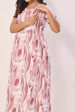 Rose Marble Premium Rayon Maternity Frock with Dual Feeding Zippers - Rayon Nursing Maxi Dress – Pink Abstract Swirl Pregnancy Wear with Adjustable Back Tie (RMF)