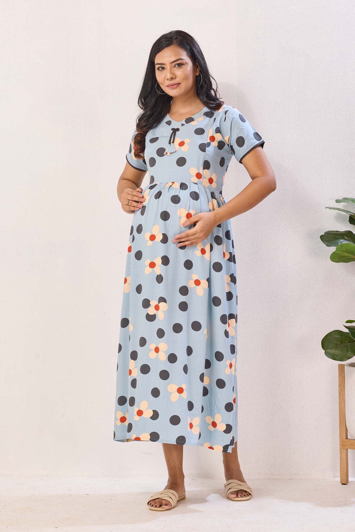 Blush Pink Polka & Daisy Premium Rayon Maternity Frock with Dual Feeding Zippers - Pink Floral Polka Dot Pregnancy Wear with Pockets (RMF)