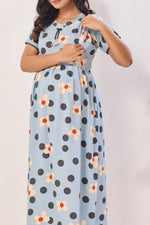 Blush Pink Polka & Daisy Premium Rayon Maternity Frock with Dual Feeding Zippers - Pink Floral Polka Dot Pregnancy Wear with Pockets (RMF)