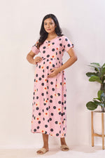 Blush Pink Polka & Daisy Premium Rayon Maternity Frock with Dual Feeding Zippers - Pink Floral Polka Dot Pregnancy Wear with Pockets (RMF)