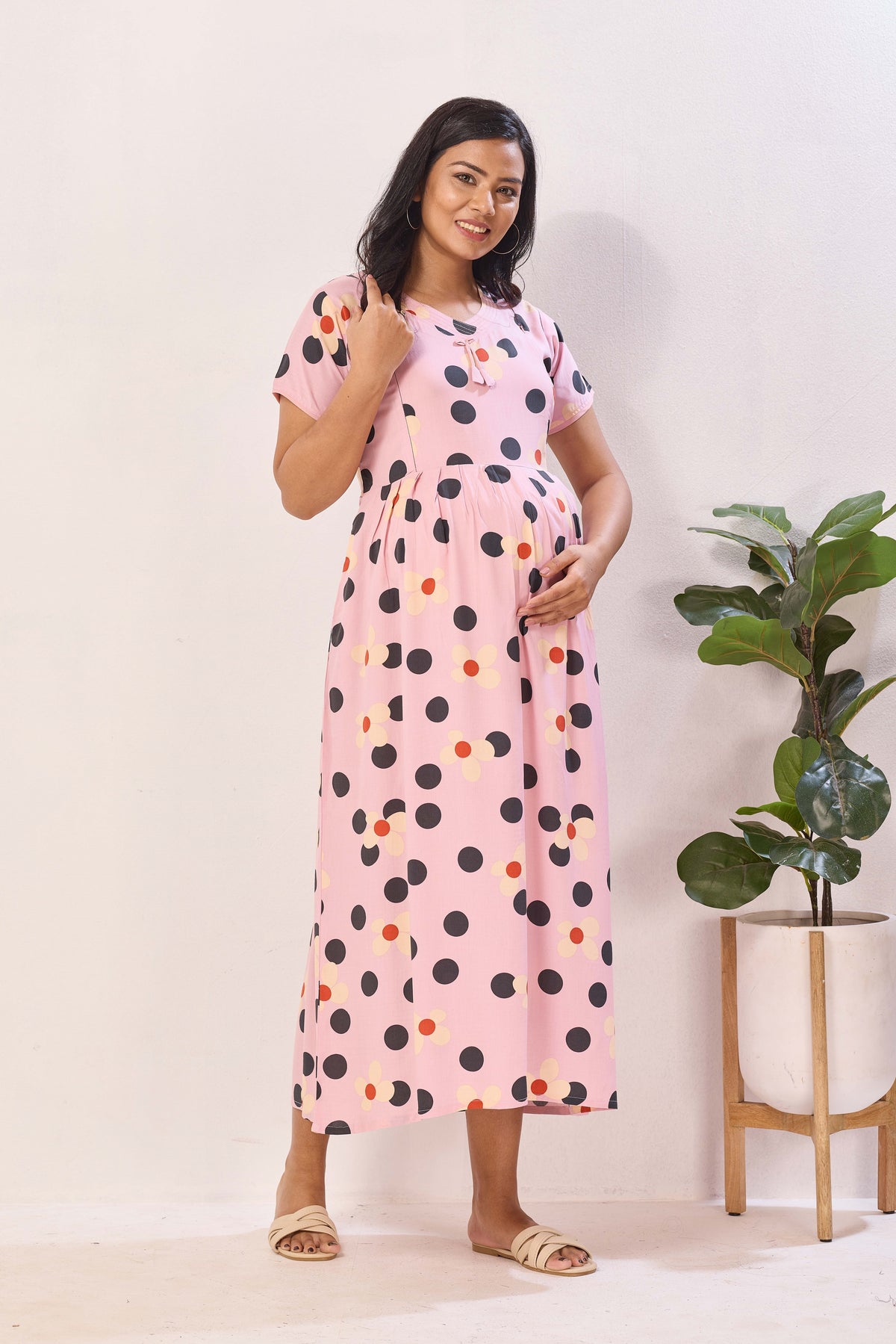 Blush Pink Polka & Daisy Premium Rayon Maternity Frock with Dual Feeding Zippers - Pink Floral Polka Dot Pregnancy Wear with Pockets (RMF)