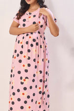 Blush Pink Polka & Daisy Premium Rayon Maternity Frock with Dual Feeding Zippers - Pink Floral Polka Dot Pregnancy Wear with Pockets (RMF)