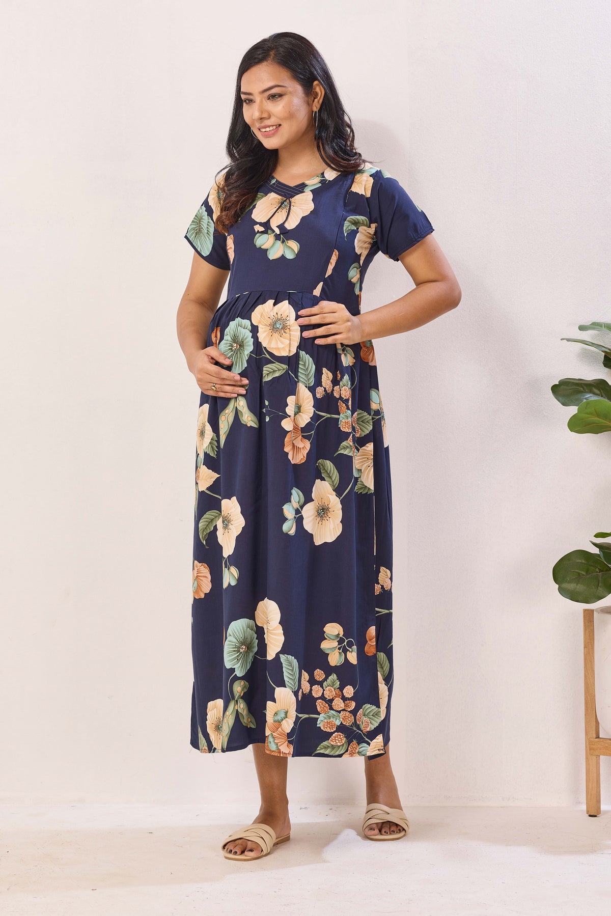 Olive Green Rayon Nursing Maxi Dress – Vintage Floral Pregnancy Wear with Adjustable Back Tie - Maternity Frock with Dual Feeding Zippers (RMF)