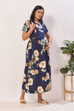 Olive Green Rayon Nursing Maxi Dress – Vintage Floral Pregnancy Wear with Adjustable Back Tie - Maternity Frock with Dual Feeding Zippers (RMF)