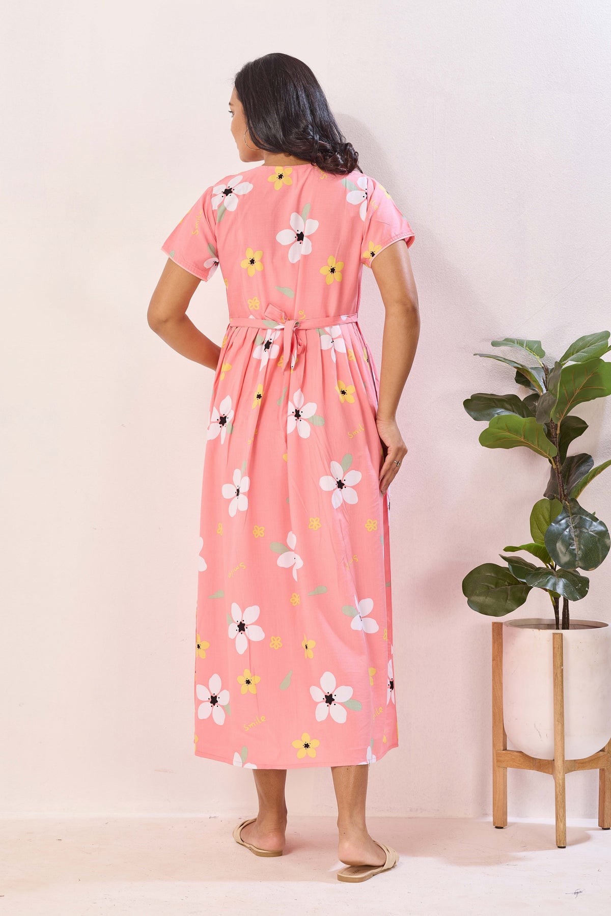 Black Rayon Nursing Maxi Dress – White Daisy Print Pregnancy Wear with Adjustable Back Tie Rope - Maternity Frock with Dual Feeding Zippers (RMF)