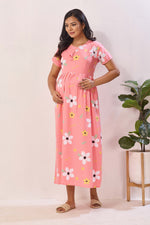 Black Rayon Nursing Maxi Dress – White Daisy Print Pregnancy Wear with Adjustable Back Tie Rope - Maternity Frock with Dual Feeding Zippers (RMF)