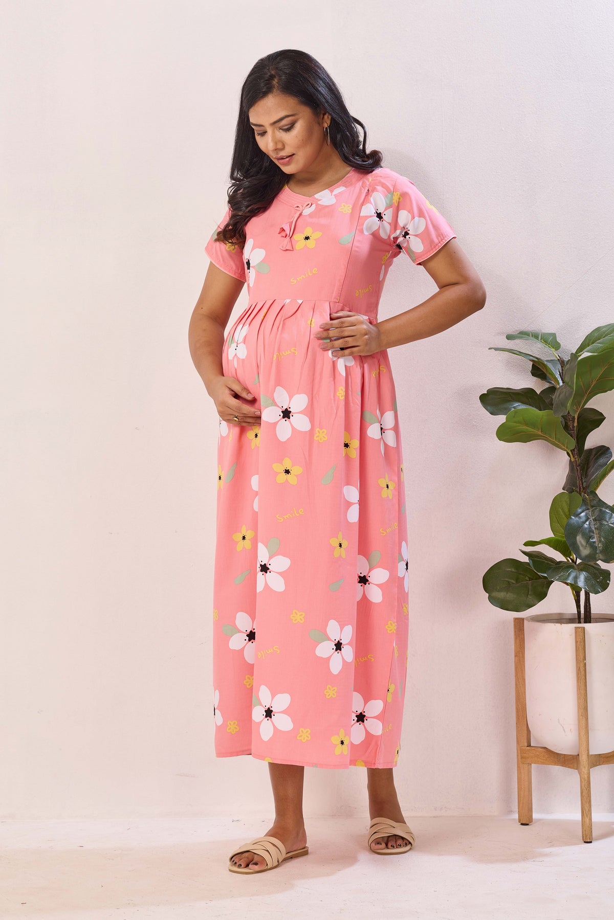 Black Rayon Nursing Maxi Dress – White Daisy Print Pregnancy Wear with Adjustable Back Tie Rope - Maternity Frock with Dual Feeding Zippers (RMF)