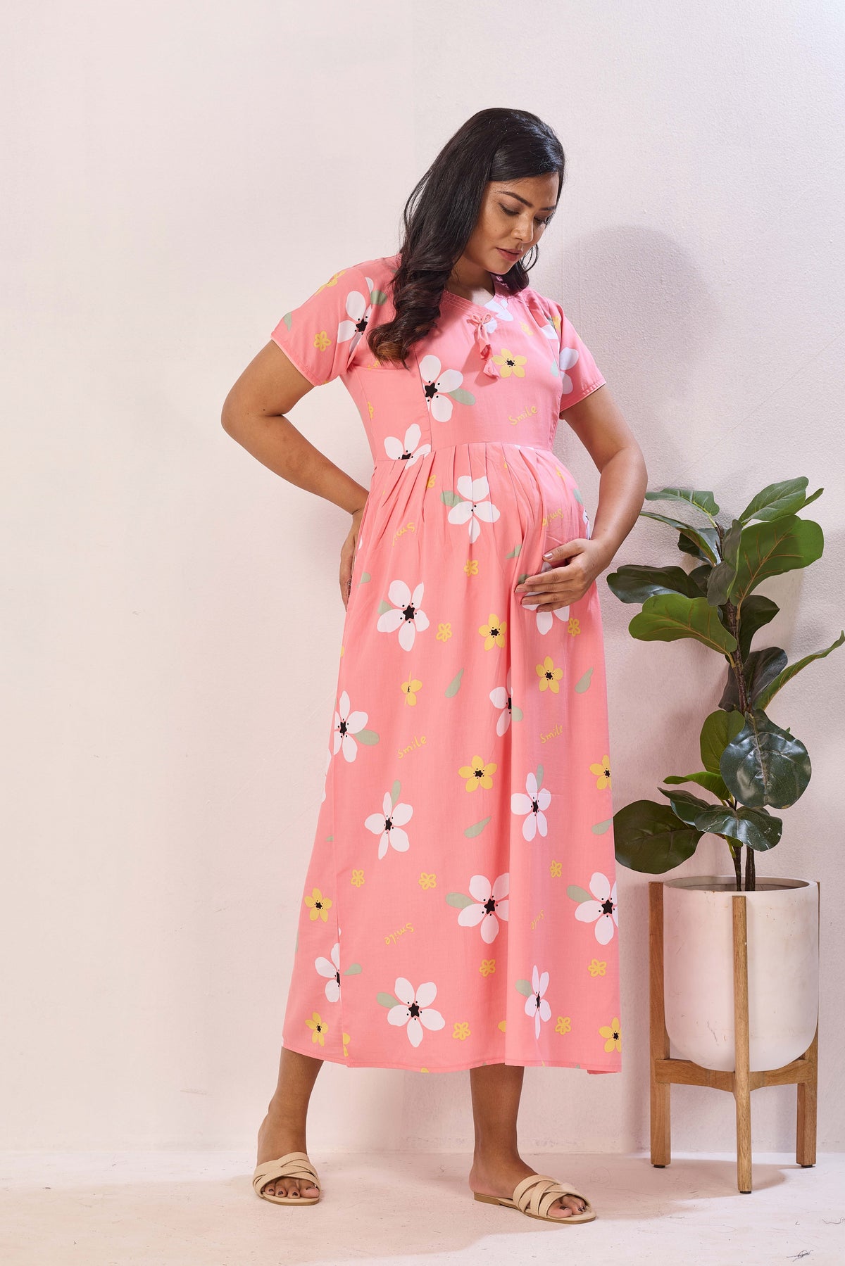 Black Rayon Nursing Maxi Dress – White Daisy Print Pregnancy Wear with Adjustable Back Tie Rope - Maternity Frock with Dual Feeding Zippers (RMF)