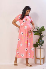 Black Rayon Nursing Maxi Dress – White Daisy Print Pregnancy Wear with Adjustable Back Tie Rope - Maternity Frock with Dual Feeding Zippers (RMF)
