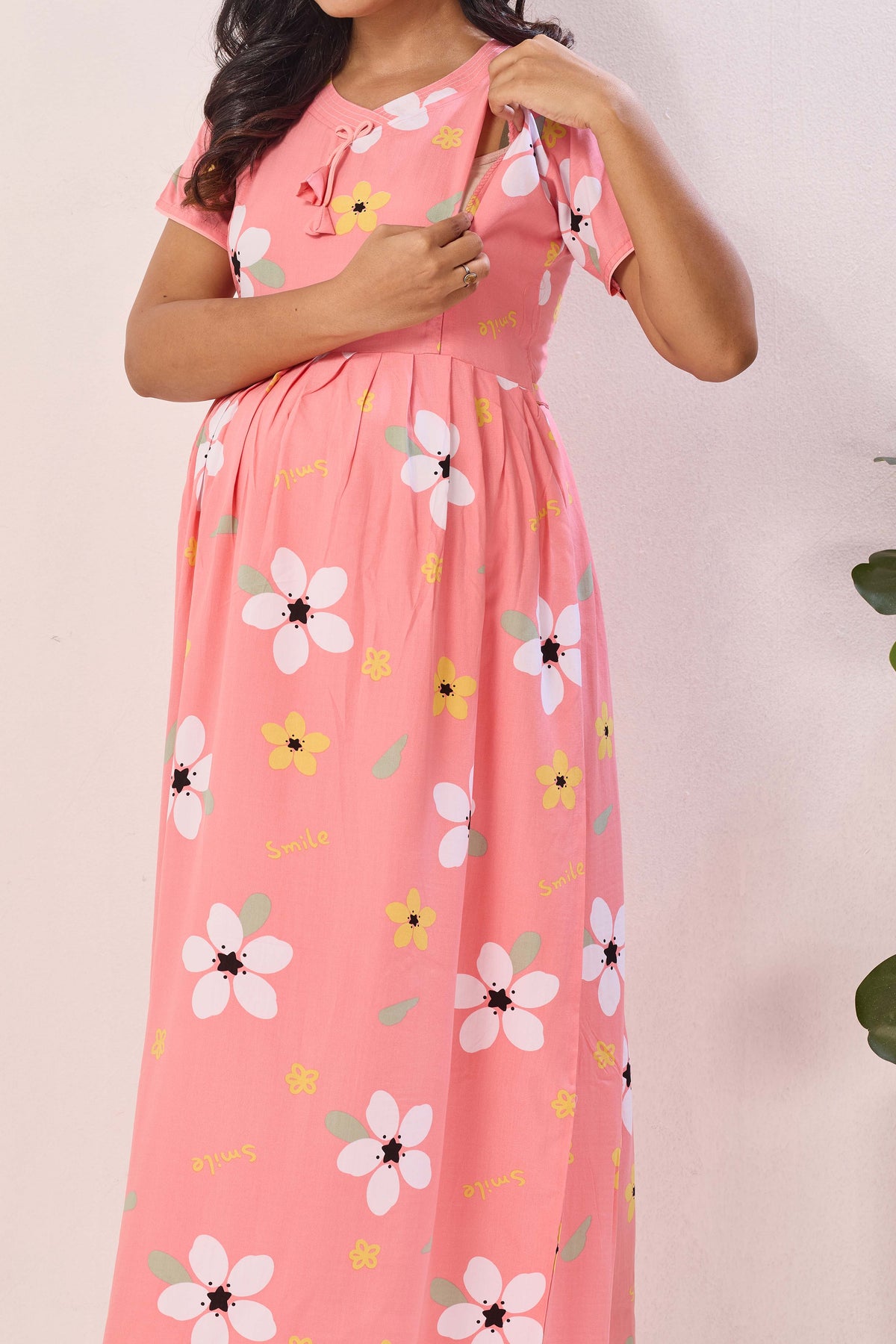 Black Rayon Nursing Maxi Dress – White Daisy Print Pregnancy Wear with Adjustable Back Tie Rope - Maternity Frock with Dual Feeding Zippers (RMF)