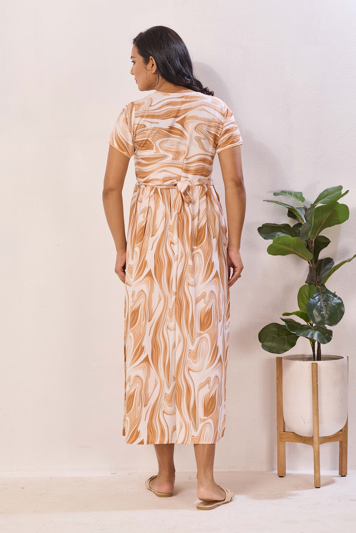 Rose Marble Premium Rayon Maternity Frock with Dual Feeding Zippers - Rayon Nursing Maxi Dress – Pink Abstract Swirl Pregnancy Wear with Adjustable Back Tie (RMF)