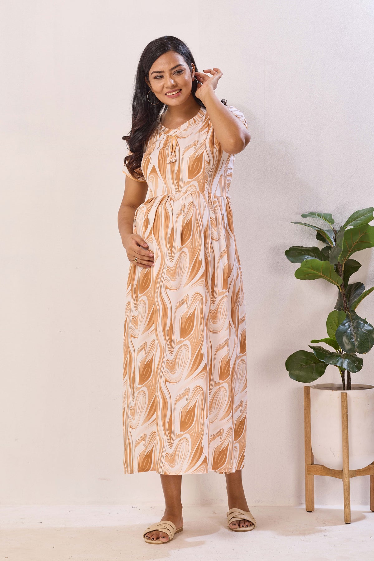 Rose Marble Premium Rayon Maternity Frock with Dual Feeding Zippers - Rayon Nursing Maxi Dress – Pink Abstract Swirl Pregnancy Wear with Adjustable Back Tie (RMF)