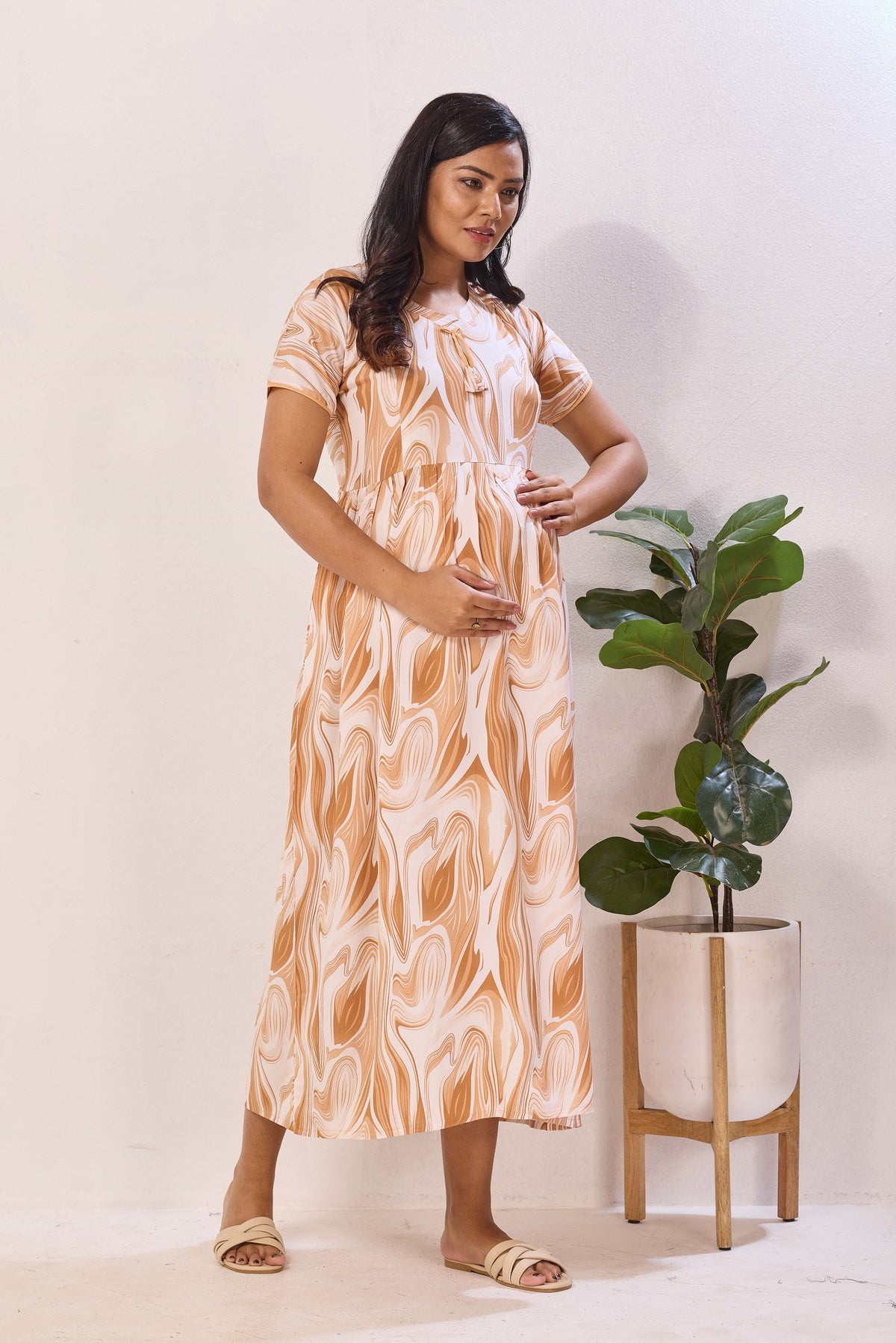 Rose Marble Premium Rayon Maternity Frock with Dual Feeding Zippers - Rayon Nursing Maxi Dress – Pink Abstract Swirl Pregnancy Wear with Adjustable Back Tie (RMF)