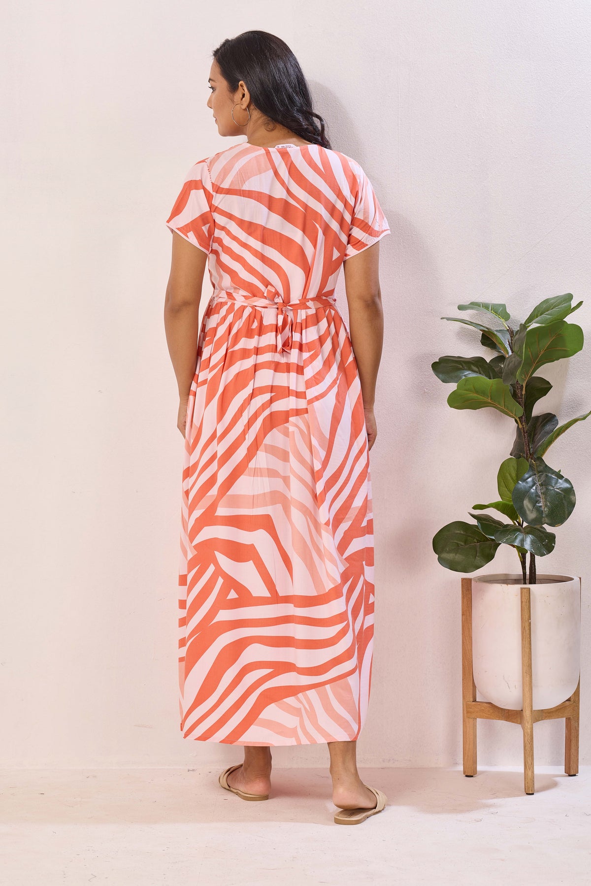 Orange & White Zebra Print Nursing Maxi Dress – Rayon Pregnancy Wear with Adjustable Back Tie - Geometric Maternity Frock with Dual Feeding Zippers (RMF)