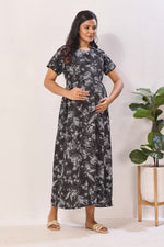Navy Blue Rayon Nursing Maxi Dress – White Palm Print Pregnancy Wear with Adjustable Back Tie -Rayon Tropical Maternity Frock with Dual Feeding Zippers (RMF)