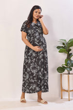 Navy Blue Rayon Nursing Maxi Dress – White Palm Print Pregnancy Wear with Adjustable Back Tie -Rayon Tropical Maternity Frock with Dual Feeding Zippers (RMF)