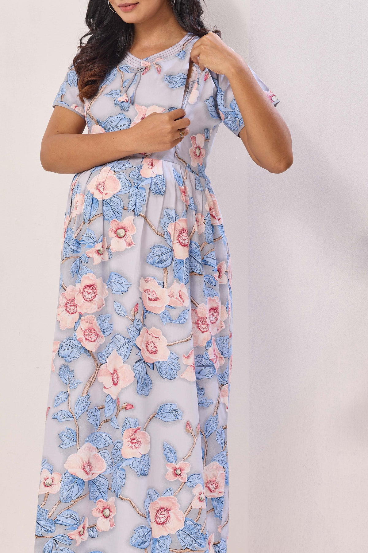 Soft Rayon Abstract Floral Feeding Frock – Sage Green Maternity Wear with Invisible Zipper - Maternity & Nursing Maxi Frock with Side Pockets (RMF)