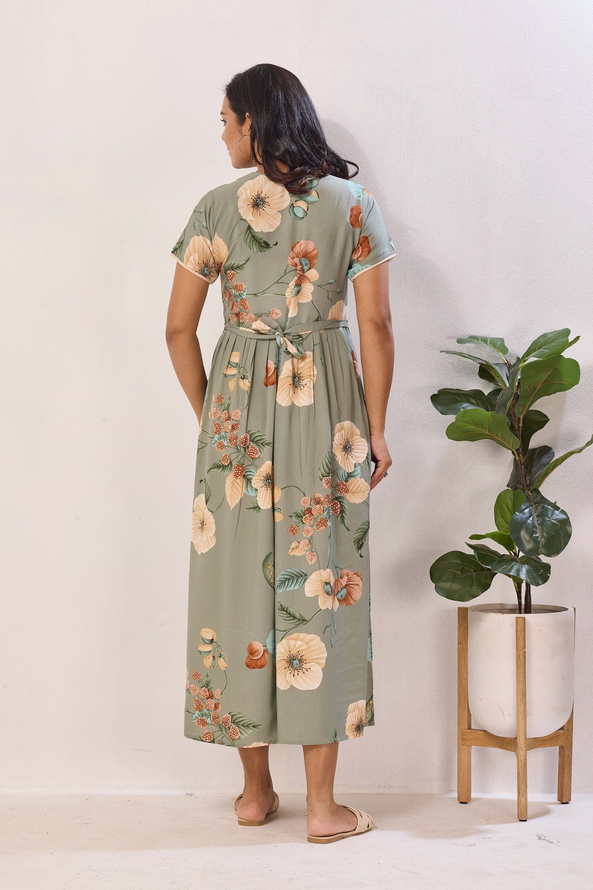 Olive Green Rayon Nursing Maxi Dress – Vintage Floral Pregnancy Wear with Adjustable Back Tie - Maternity Frock with Dual Feeding Zippers (RMF)