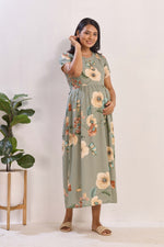 Olive Green Rayon Nursing Maxi Dress – Vintage Floral Pregnancy Wear with Adjustable Back Tie - Maternity Frock with Dual Feeding Zippers (RMF)