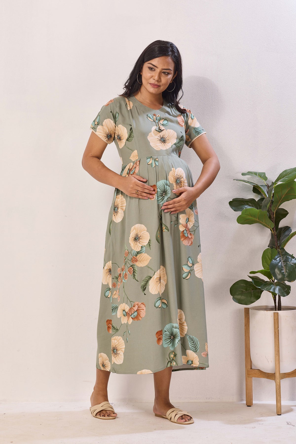 Olive Green Rayon Nursing Maxi Dress – Vintage Floral Pregnancy Wear with Adjustable Back Tie - Maternity Frock with Dual Feeding Zippers (RMF)