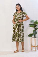Magenta Abstract Print Rayon Maternity Maxi Dress for Women | Feeding Zip Nighty with Side Pocket | Adjustable Back Tie-Up Pregnancy & Casual Wear (FIO-M)
