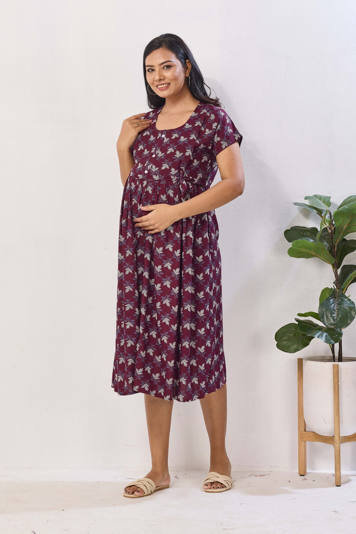 Black Floral Print Rayon Maternity Maxi Dress | Feeding Zipper | Adjustable Tie-Up | Invisible Feeding Zipper & Side Pocket (FIO-M)