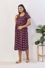 Black Floral Print Rayon Maternity Maxi Dress | Feeding Zipper | Adjustable Tie-Up | Invisible Feeding Zipper & Side Pocket (FIO-M)