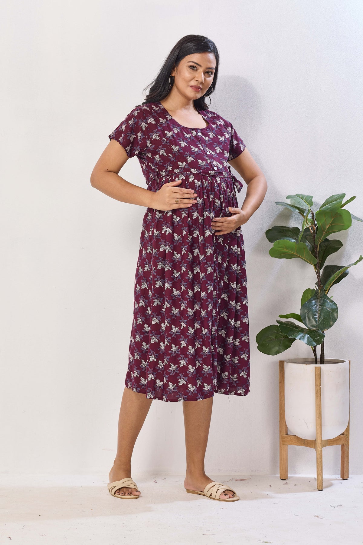 Black Floral Print Rayon Maternity Maxi Dress | Feeding Zipper | Adjustable Tie-Up | Invisible Feeding Zipper & Side Pocket (FIO-M)