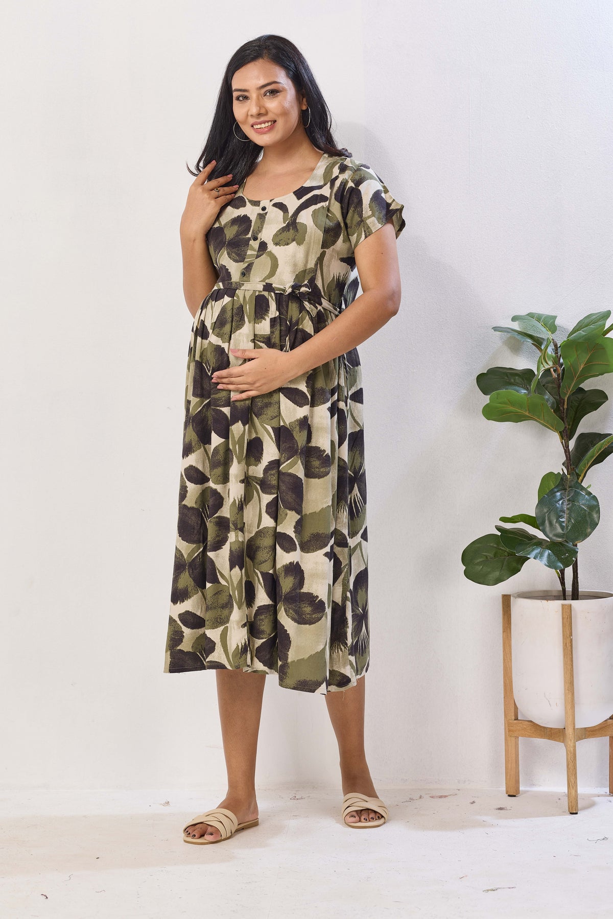 Breathable Rayon Feeding Maxi Dress – Green Botanical Print | Pregnancy & Nursing Wear | Invisible Feeding Zipper & Side Pocket (FIO-M)