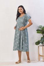 Sage Green Floral Print Rayon Maternity Maxi Dress for Women | Feeding Zip Nursing Wear with Side Pocket | Adjustable Back Tie Pregnancy & Casual Wear (FIO-M)
