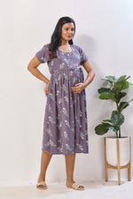 Sage Green Floral Print Rayon Maternity Maxi Dress for Women | Feeding Zip Nursing Wear with Side Pocket | Adjustable Back Tie Pregnancy & Casual Wear (FIO-M)