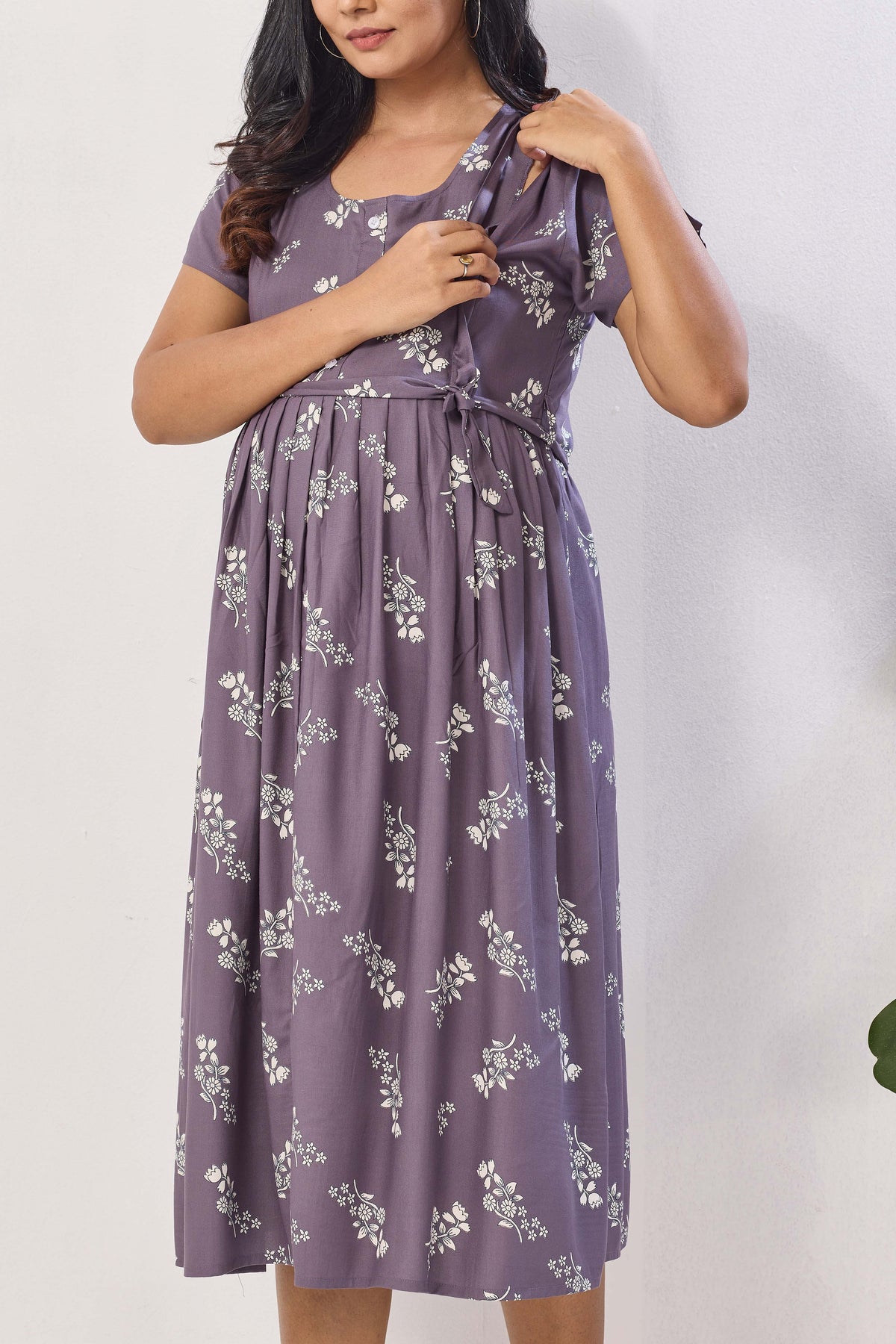 Sage Green Floral Print Rayon Maternity Maxi Dress for Women | Feeding Zip Nursing Wear with Side Pocket | Adjustable Back Tie Pregnancy & Casual Wear (FIO-M)