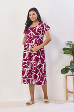 Magenta Abstract Print Rayon Maternity Maxi Dress for Women | Feeding Zip Nighty with Side Pocket | Adjustable Back Tie-Up Pregnancy & Casual Wear (FIO-M)