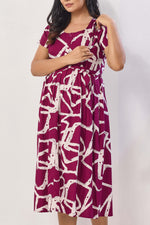 Magenta Abstract Print Rayon Maternity Maxi Dress for Women | Feeding Zip Nighty with Side Pocket | Adjustable Back Tie-Up Pregnancy & Casual Wear (FIO-M)