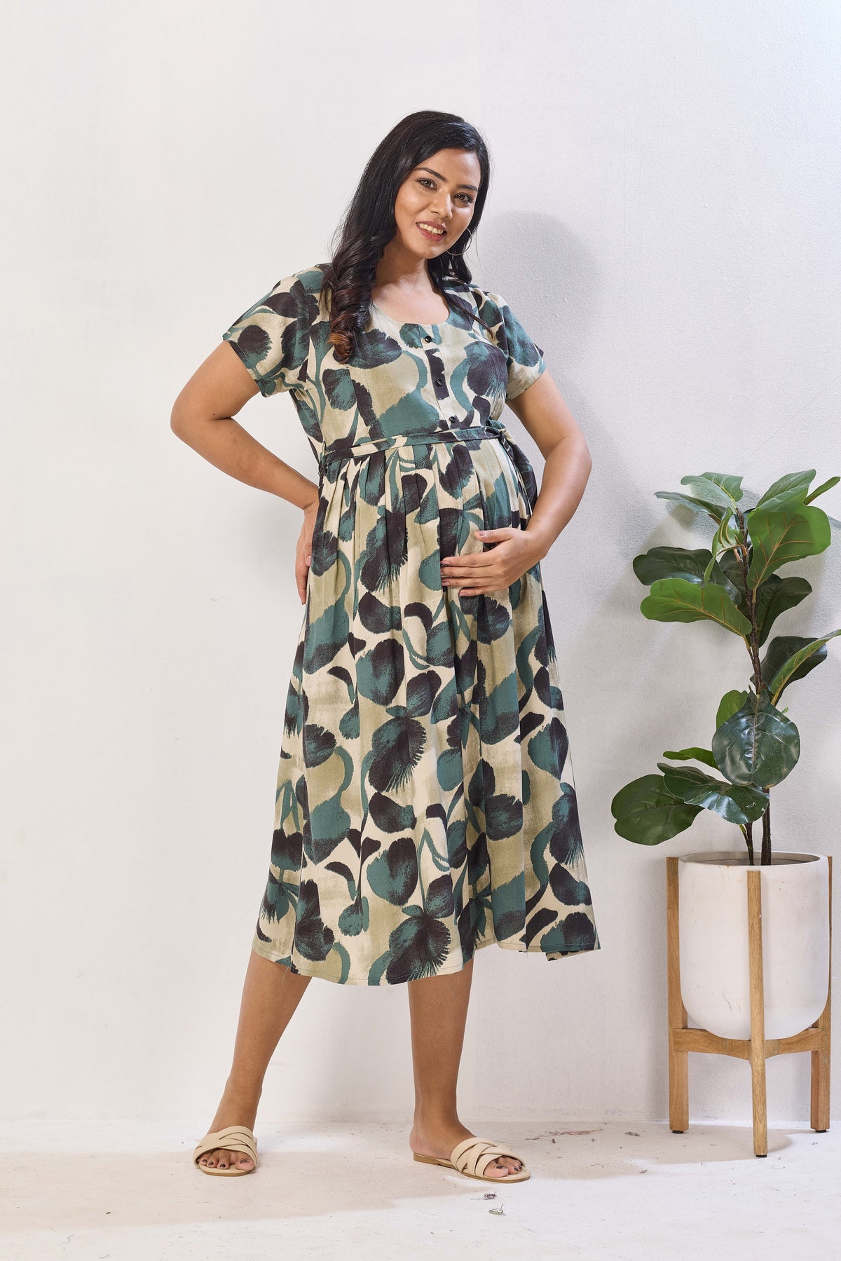 Breathable Rayon Feeding Maxi Dress – Green Botanical Print | Pregnancy & Nursing Wear | Invisible Feeding Zipper & Side Pocket (FIO-M)