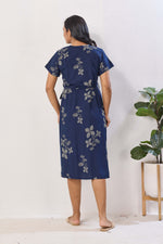 Navy Blue Floral Print Rayon Maternity Maxi Dress for Women | Feeding Zip Nursing Wear with Side Pocket | Adjustable Tie Pregnancy & Casual Wear (FIO-M)
