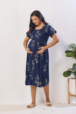 Navy Blue Floral Print Rayon Maternity Maxi Dress for Women | Feeding Zip Nursing Wear with Side Pocket | Adjustable Tie Pregnancy & Casual Wear (FIO-M)