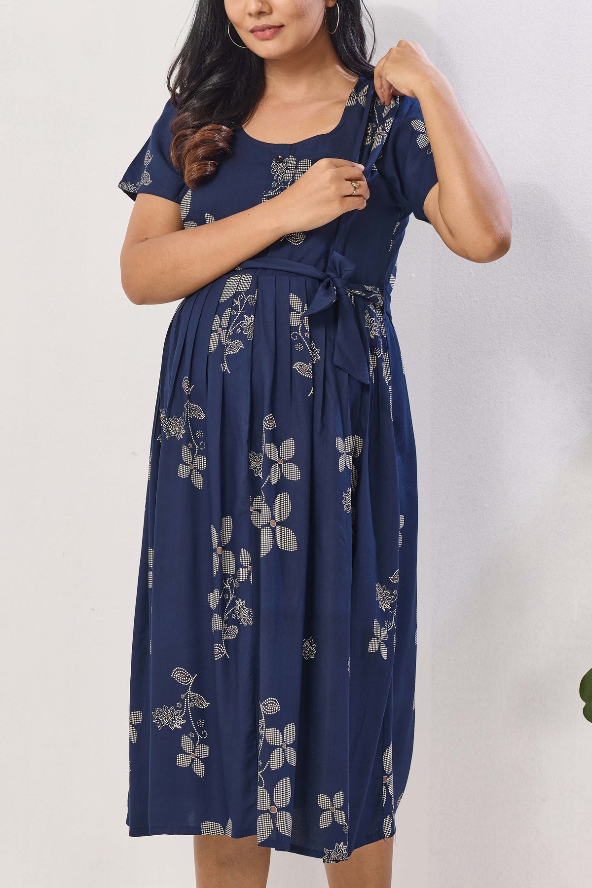Navy Blue Floral Print Rayon Maternity Maxi Dress for Women | Feeding Zip Nursing Wear with Side Pocket | Adjustable Tie Pregnancy & Casual Wear (FIO-M)