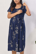 Navy Blue Floral Print Rayon Maternity Maxi Dress for Women | Feeding Zip Nursing Wear with Side Pocket | Adjustable Tie Pregnancy & Casual Wear (FIO-M)