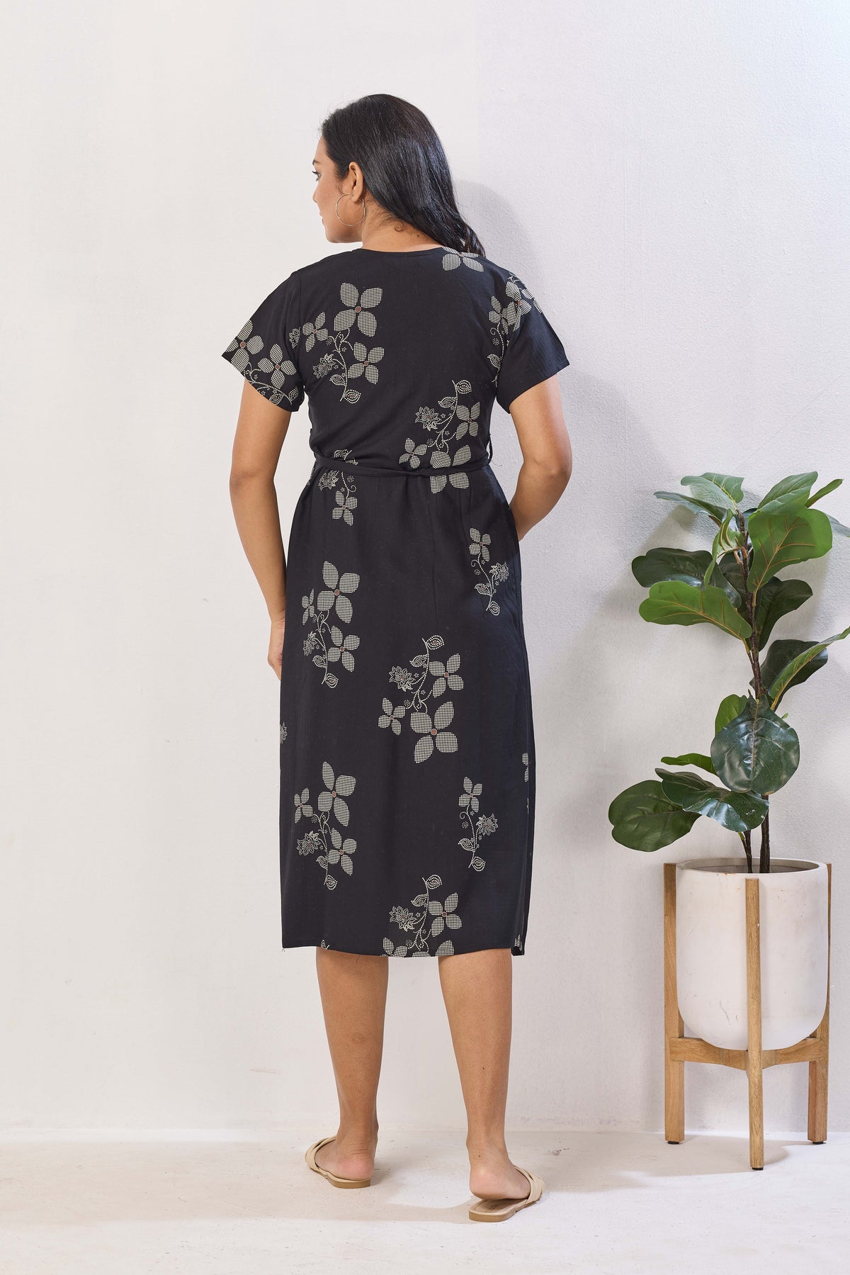 Navy Blue Floral Print Rayon Maternity Maxi Dress for Women | Feeding Zip Nursing Wear with Side Pocket | Adjustable Tie Pregnancy & Casual Wear (FIO-M)