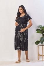 Navy Blue Floral Print Rayon Maternity Maxi Dress for Women | Feeding Zip Nursing Wear with Side Pocket | Adjustable Tie Pregnancy & Casual Wear (FIO-M)