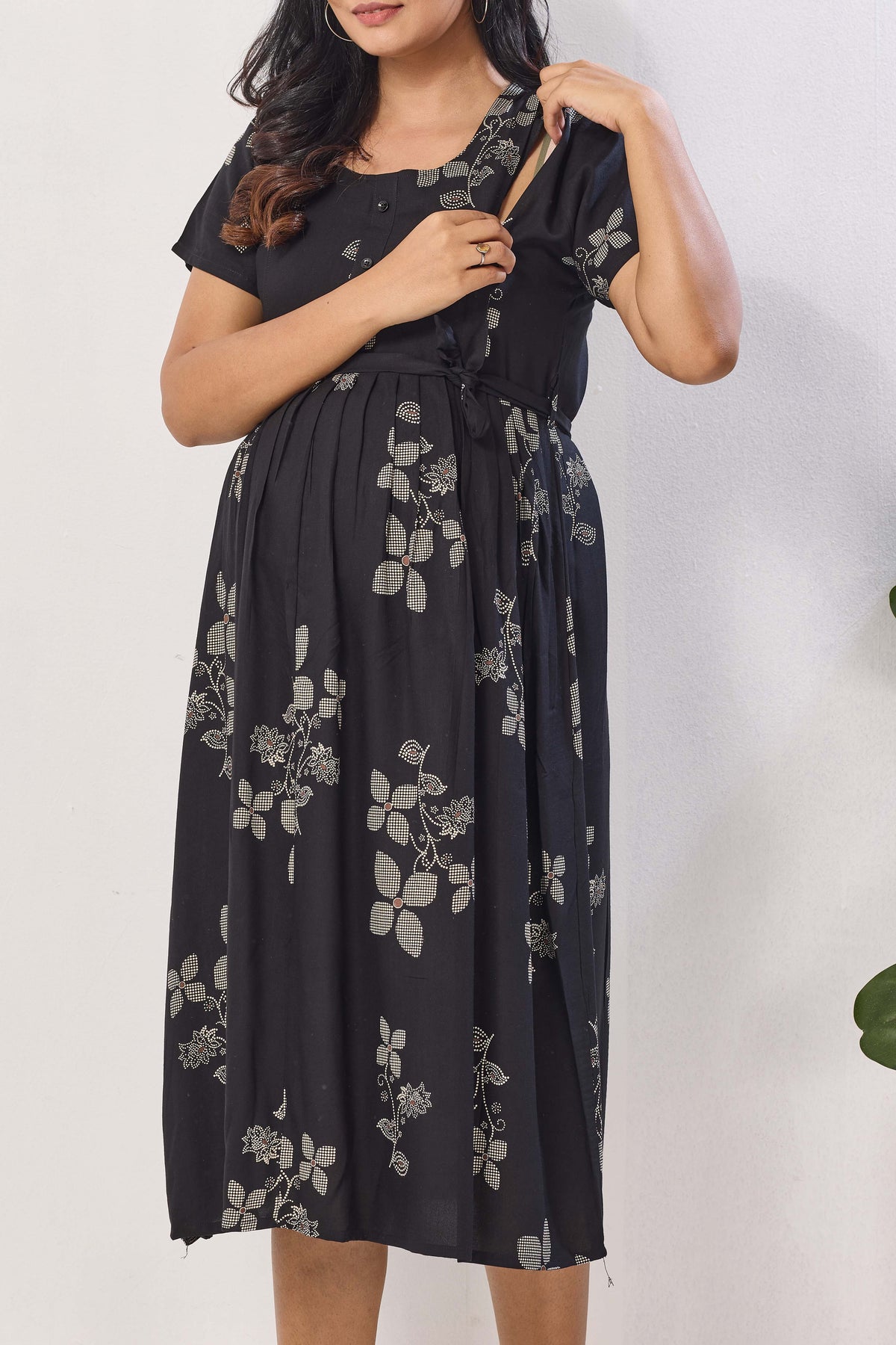 Navy Blue Floral Print Rayon Maternity Maxi Dress for Women | Feeding Zip Nursing Wear with Side Pocket | Adjustable Tie Pregnancy & Casual Wear (FIO-M)