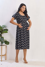 Black Floral Print Rayon Maternity Maxi Dress | Feeding Zipper | Adjustable Tie-Up | Invisible Feeding Zipper & Side Pocket (FIO-M)