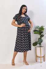 Black Floral Print Rayon Maternity Maxi Dress | Feeding Zipper | Adjustable Tie-Up | Invisible Feeding Zipper & Side Pocket (FIO-M)