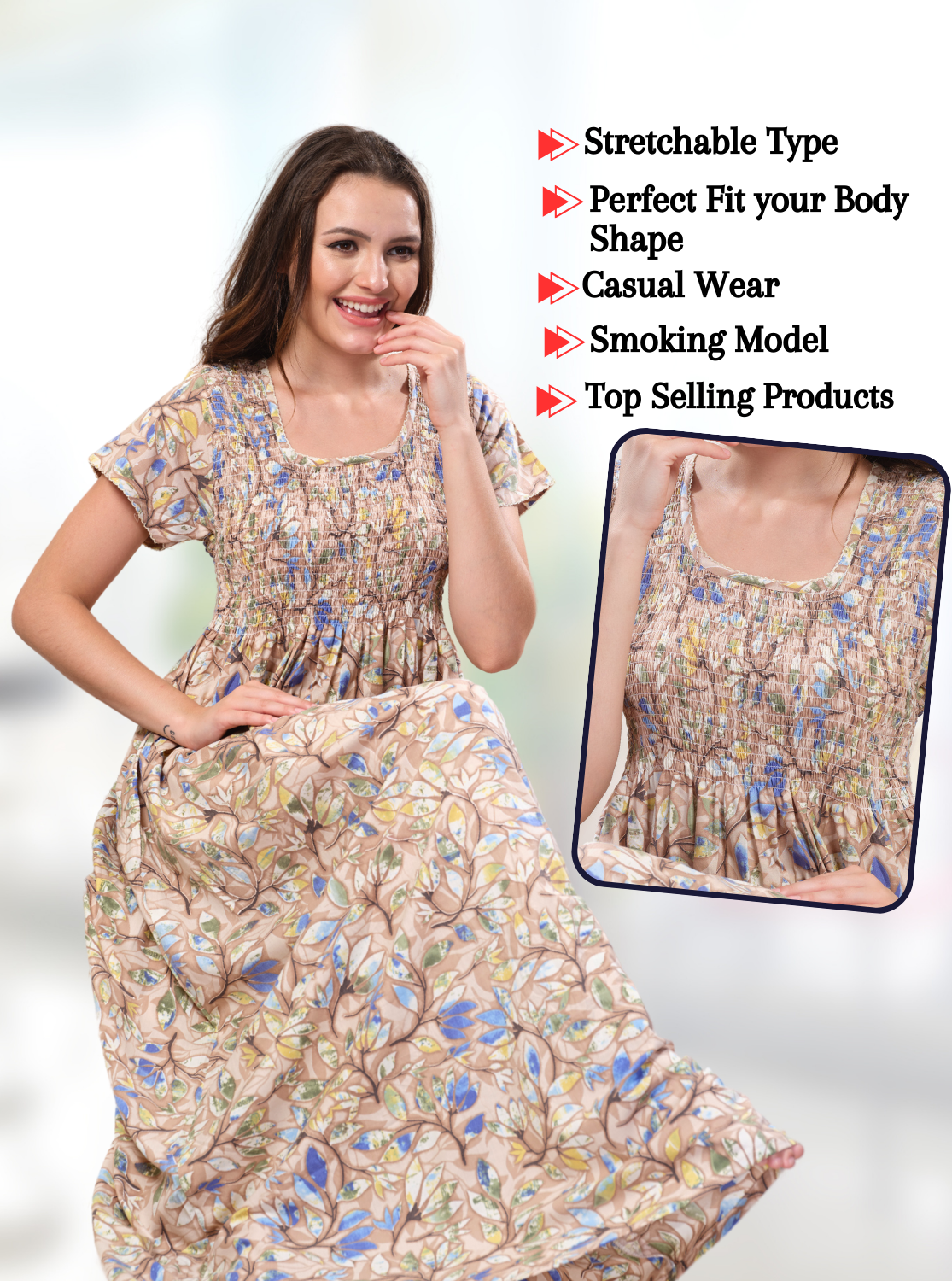 ONLY MINE Premium Smokey Nighty | Stretchable Elastic Type | Beautiful Pleated Model | Side Pocket | Stylish Nighty for Stylish Women's (OM-RAH)