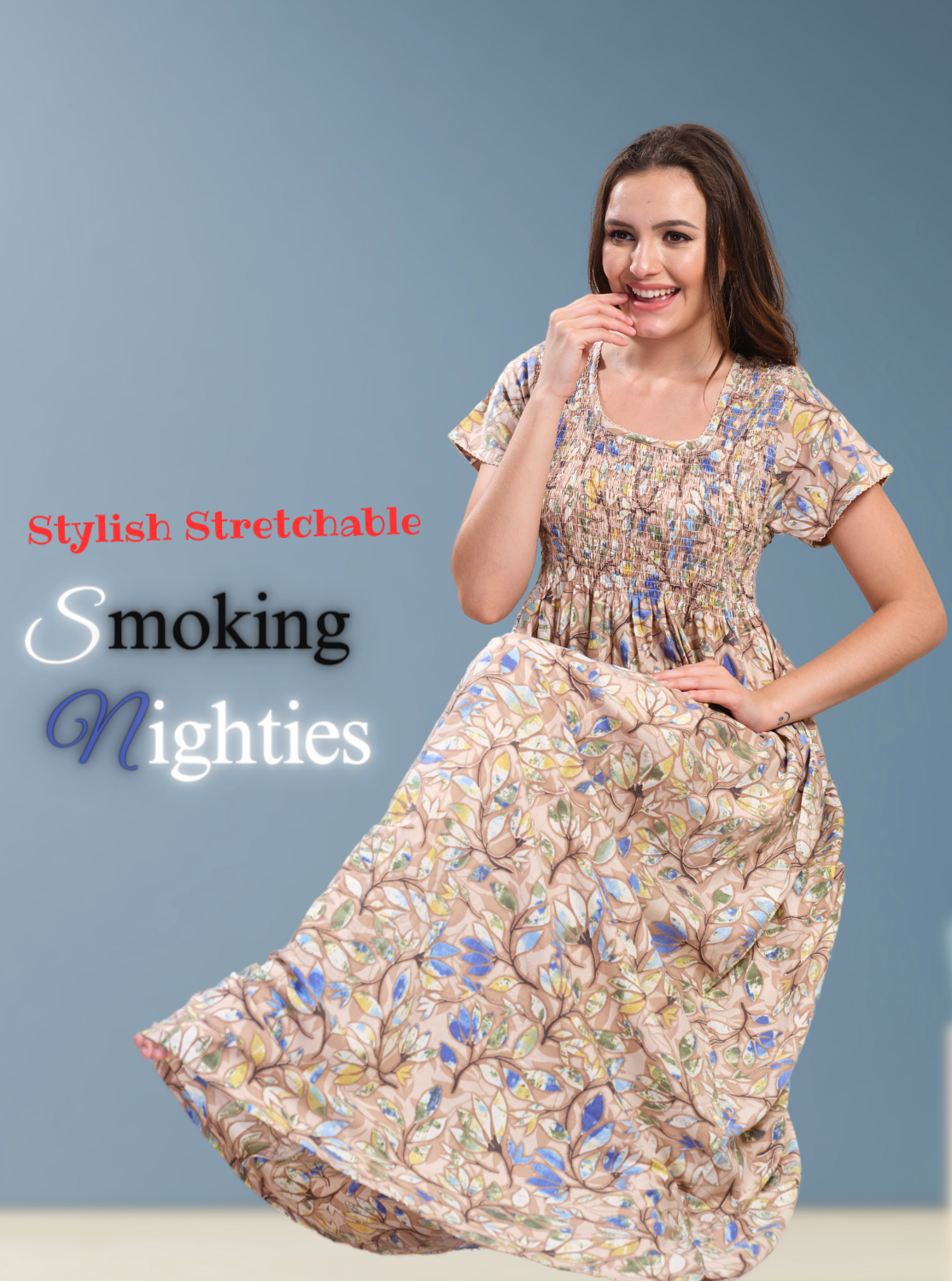 ONLY MINE Premium Smokey Nighty | Stretchable Elastic Type | Beautiful Pleated Model | Side Pocket | Stylish Nighty for Stylish Women's (OM-RAH)