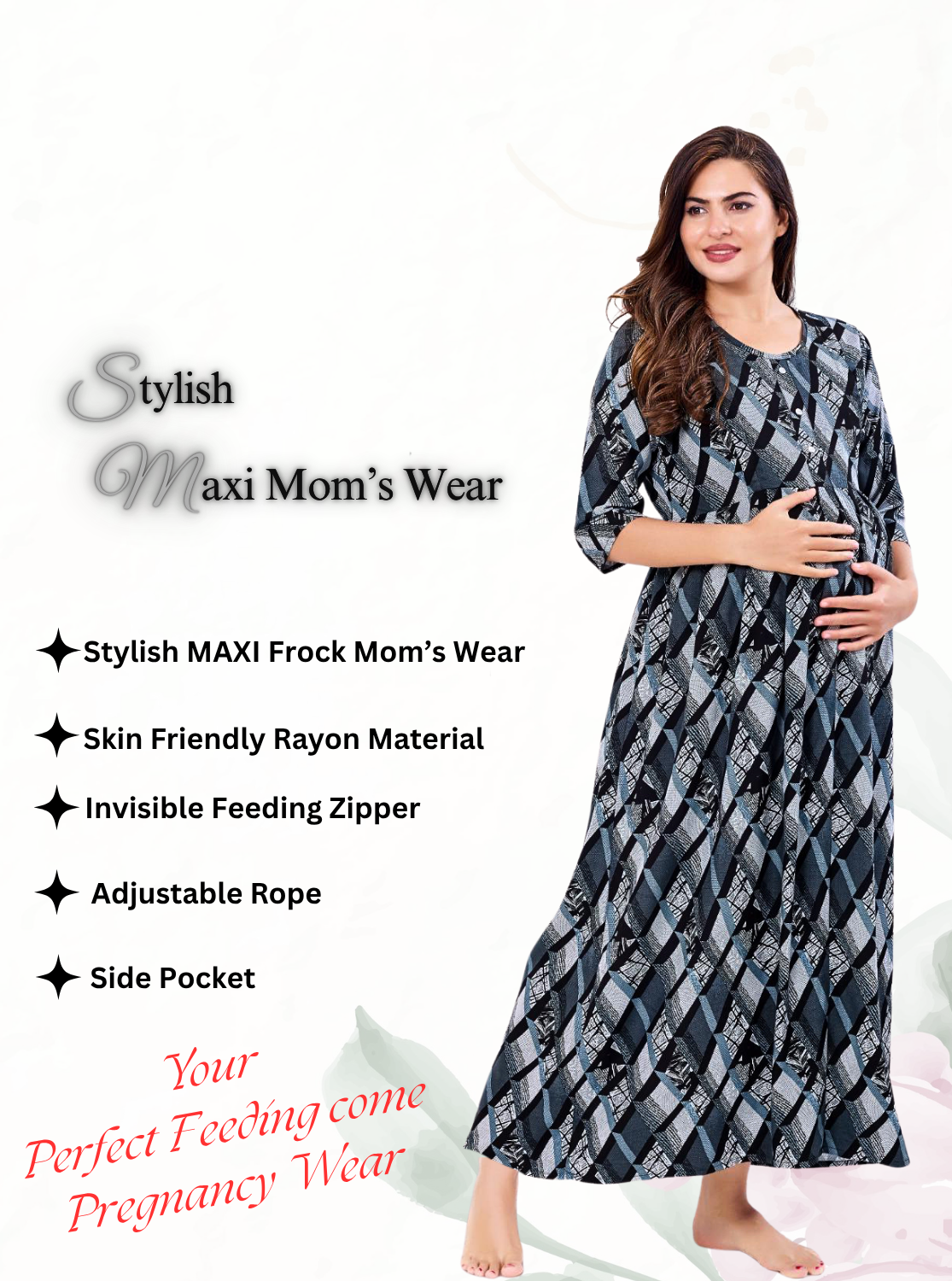 Soft Rayon4-IN-ONE Mom's Feeding & Casual Wear| Pre & Post Maternity Wear | Fancy Long Frock | Best Choice for Pregnancy Women (FIO-F)